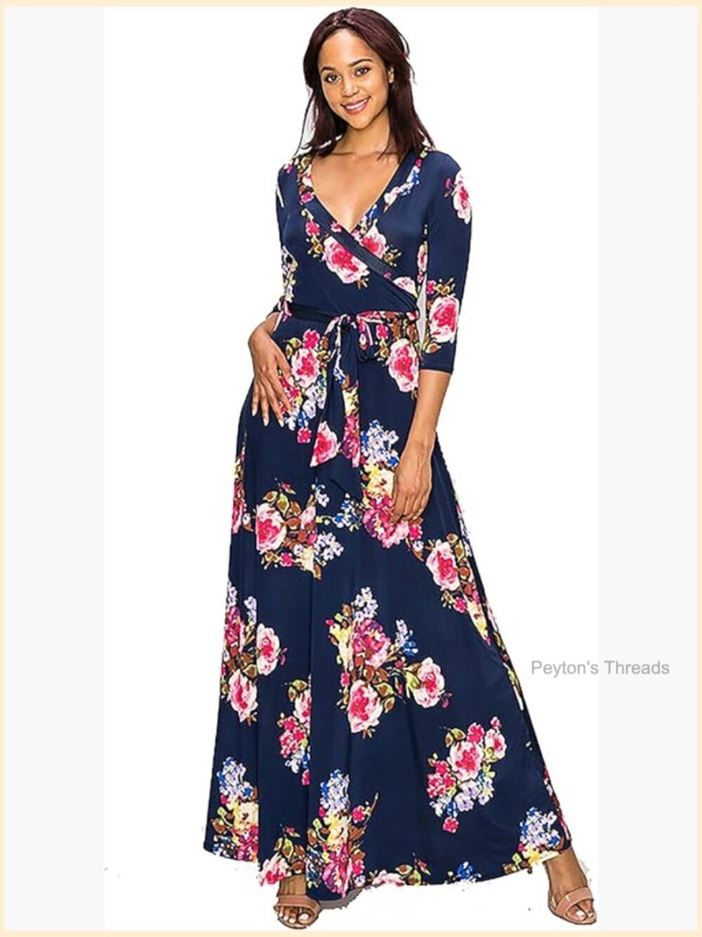 Paris Bohemian V-Neck Faux Wrap Maxi Dress 3/4 Sleeve